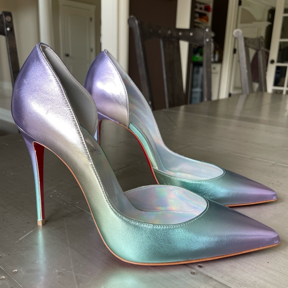 christian louboutin iriza 100mm stiletto sz 38.5 licorne silver iridescent